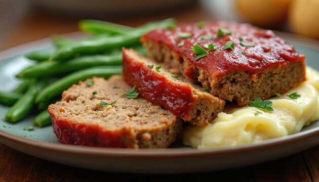 Sliced meatloaf with tomato glaze served with creamy mashed potatoes and green beans. Garnished with fresh parsley. A hearty and classic comfort food meal.