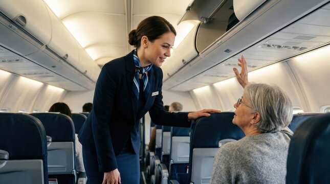 Friendly flight attendant assists a smiling senior female passenger with her luggage in an airplane cabin, demonstrating excellent customer service and care during air travel.