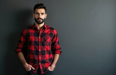 Obraz premium Man with beard in red black plaid shirt stands with hands in pockets against dark gray wall. Confident guy wears casual outfit. Male fashion, modern style, urban look, relaxed pose, looking at camera.