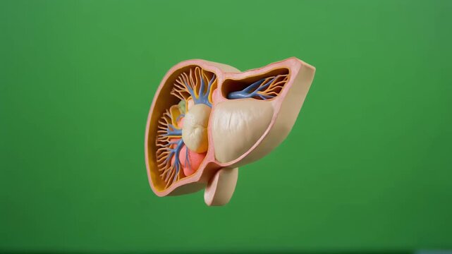 Rotating human liver anatomy model cutaway on green background.