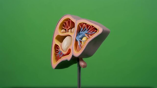 Rotating human liver anatomy model on green background.