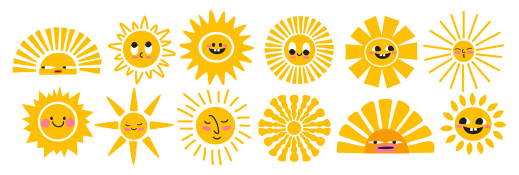 Large collection of funny hand drawn sun characters with different faces and rays. Vector cute yellow sun icons in doodle style for stickers, kids design, summer theme