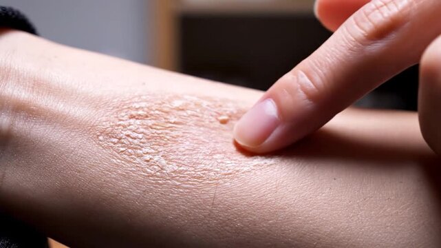 A close up view of a person touching a patch of dry and irritated skin on their arm