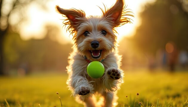 Small happy dog with shaggy fur runs in park catching ball mid air. Ears flopping, mouth open in joy, chasing game on sunny grass field. Pure canine delight.