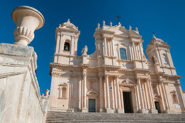 Obraz premium Close up view of some elements along the famous staircase of San Nicolò Cathedral in Noto, which is one of the most important examples of baroque architecture in Sicily