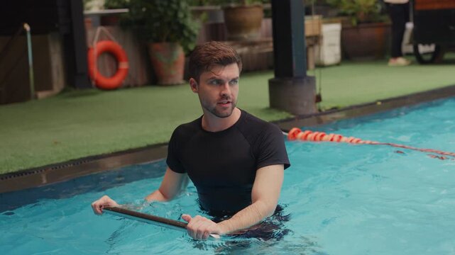 Men doing aqua spin with intense focus at a wellness center, embracing a healthy lifestyle with mindful fitness, holistic wellness, active recovery, balanced nutrition, stress management, and longevit