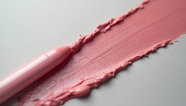 Pink lipstick creates a textured line on a light gray surface. A makeup pencil lies next to the creamy smear. Cosmetic product tested for color.