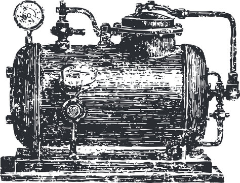 Vintage industrial boiler machine with pressure gauge and pipes detailed engraving