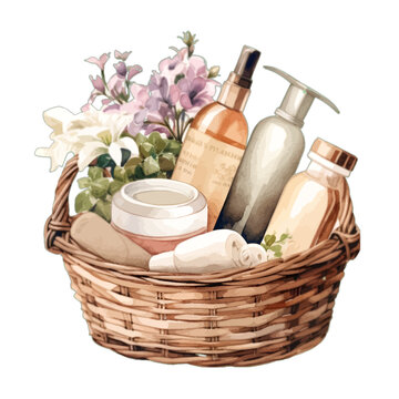 Watercolor Spa Gift Basket with Skincare Bottles Flowers and Soap in Wicker Hamper - Wellness Vector Illustration
