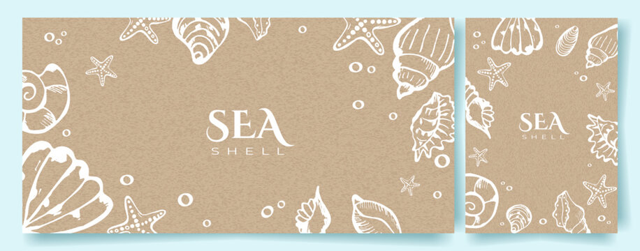 SeaShell Background Template set with Doodle Hand Drawn Sea Shell on Kraft Paper Background. Cute Elegant Seashell Wedding Birthday Invitation Greeting Card Poster. Vector Design Concept Vintage Style