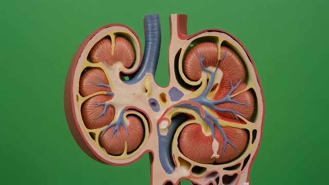 Slow pan across human kidney anatomy cutaway model on green background.
