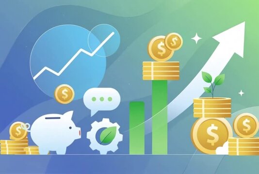 Financial growth concept with charts, coins, piggy bank, and investment symbols in modern vector style for professional use