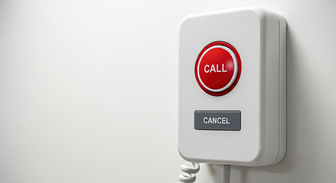 Red emergency call button mounted on a white wall for assistance  