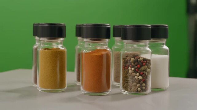 Spice jars with assorted seasonings on green background.