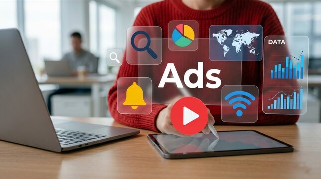 Digital Advertising Concept with Holographic Ads Interface and Marketing Analytics