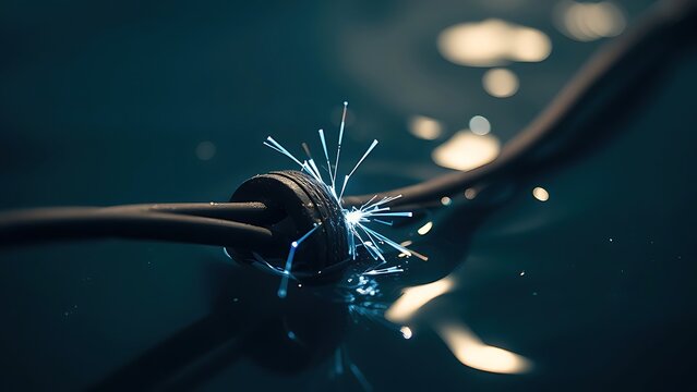 ignitable. A damaged electrical wire submerged in water, emitting faint blue sparks. STEM education sheets, lab safety posters, designed for biotech research communications, used by PR specialists.