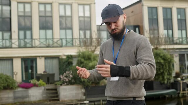 Worker with carpal tunnel syndrome applying a wrist brace to relieve pain and protect his injured joint