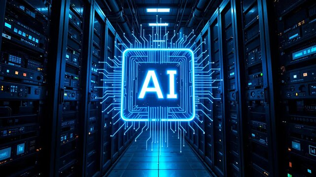 ai data center neon glow around blue server racks and circuitry