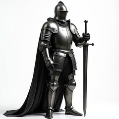 Fototapeta premium Full suit of medieval knight armor. Warrior stands with sword and cape on white background. Represents history, battle, protection and fantasy.