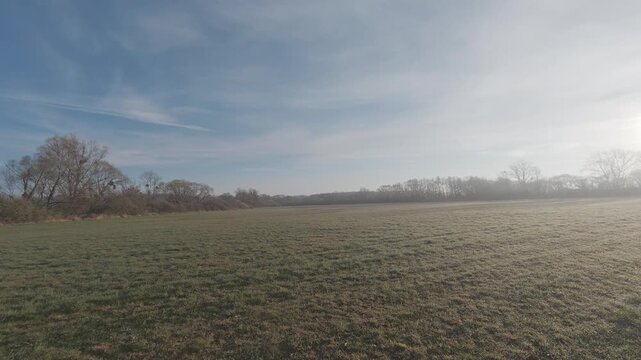 Morning view over a field with mist and sunlight shining through trees. Soft foggy atmosphere with warm rays creating a peaceful landscape background, perfect for nature, environment