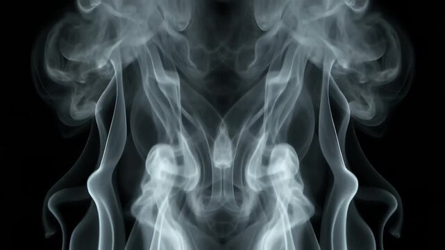 Symmetrical swirling smoke plumes rising on black background.