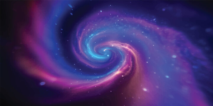 A vibrant digital illustration of a swirling abstract spiral galaxy in deep space featuring a purple and blue energy vortex pattern with glowing stars against a dark universe backdrop