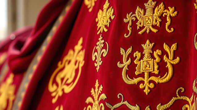 caparison. A close-up of a deep crimson horse caparison richly embroidered with intricate golden heraldic crests. wildlife magazines.