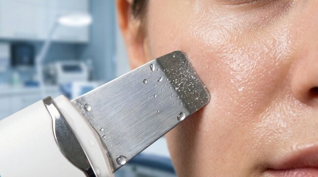 Professional ultrasonic skin scrubber facial treatment for deep pore cleansing and exfoliation on wet skin