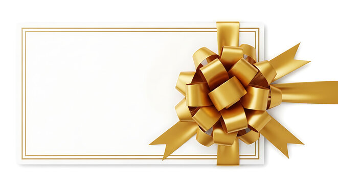 Blank white gift card with gold border and elegant gold ribbon bow for celebration