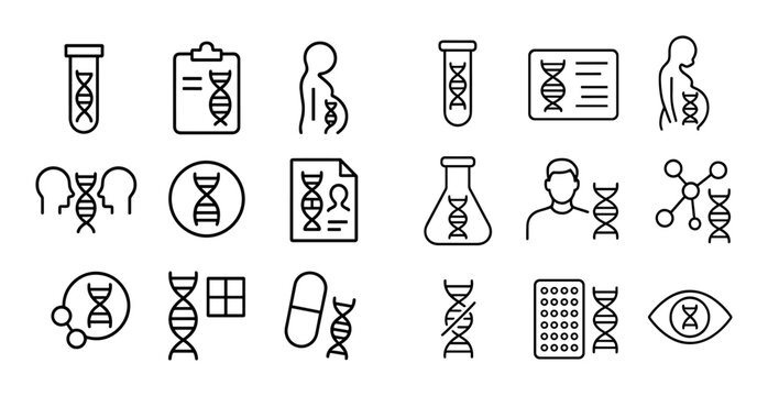 Genetics and prenatal testing icons showing dna and symbols
