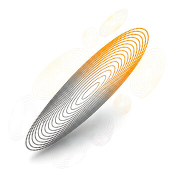 Abstract ellipsoid shape composed of concentric dots, gradient from silver to orange, modern digital art element, digital rendering