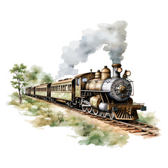 Fototapeta premium Vintage Watercolor Steam Locomotive Train on Railroad Tracks with Smoke and Landscape Clipart 