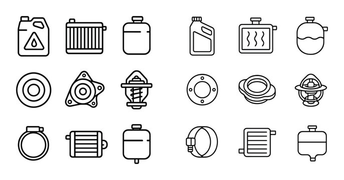 Automotive coolant and radiator part icons displayed in rows