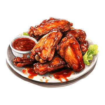 Watercolor Buffalo Chicken Wings Clipart - Spicy BBQ Glazed Appetizer Illustration with Dipping Sauce
