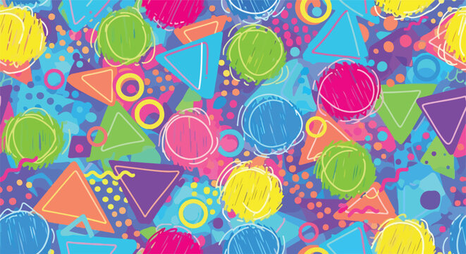 Abstract memphis style background pattern with colorful geometric shapes and confetti