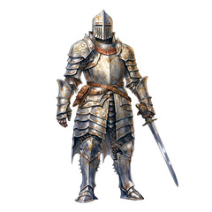 Fototapeta premium Medieval Knight in Full Plate Armor with Sword - Realistic Fantasy Warrior Watercolor Clipart Isolated on White 