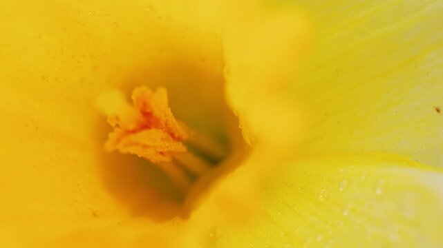 A yellow flower is captured in close-up. The focus is on the stamen in the center. Light shines through the petals, revealing details of the flower. Close-up of yellow flower showing stamen in bright 