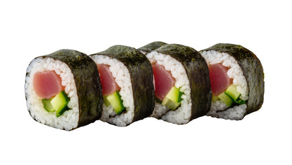 Four fresh tuna and cucumber sushi rolls with nori seaweed, isolated on transparent background © Miguel
