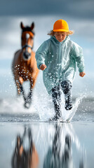 Fototapeta premium Child wearing yellow cap and raincoat joyfully runs through water splashes with horse galloping behind on cloudy day