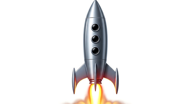 Silver retro rocket launching into space with fiery exhaust, symbolizing startup business growth and technological innovation, rocket launch