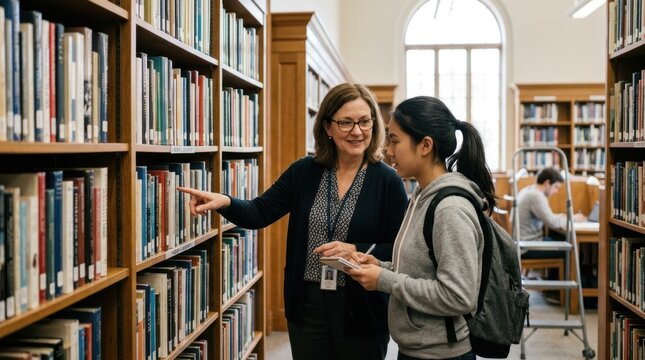 Academic librarian assisting a college student, pointing to a book on a shelf, providing expert guidance for research and learning in a university library.