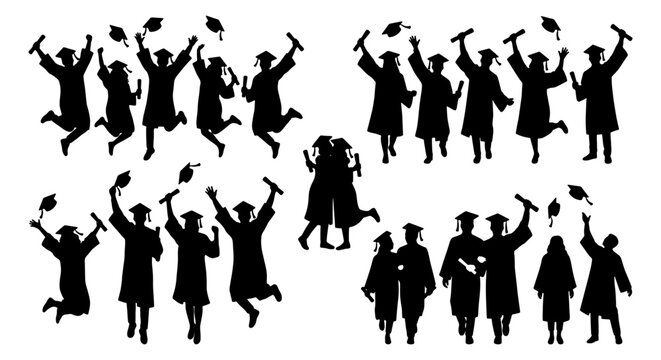 Graduation silhouette collection of jumping students, university graduates celebrating in caps and gowns, academic ceremony vector set