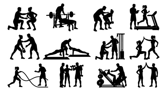 Fitness personal trainer silhouettes, gym workout with coach vector set, people exercising with instructor, weightlifting and cardio training icons
