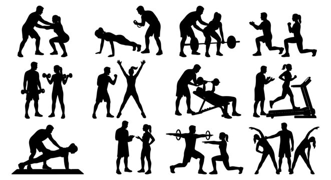 Fitness personal trainer silhouettes set, gym workout with coach vector icons, men and women exercising with instructor, bodybuilding and cardio training