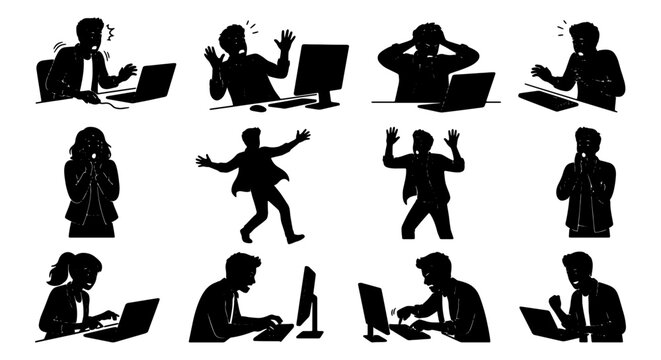 Stressed office worker silhouettes, frustrated people using computers and laptops, 12 vector elements showing burnout and work pressure