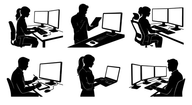 Office worker silhouettes set, business people working at computer desks vector, professional employees using laptops and multiple monitors