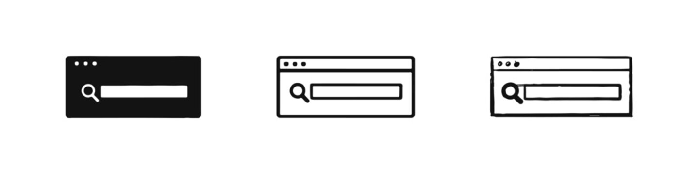 Search bar or web browser window icons. Set of internet search symbols in solid, outline, and hand-drawn styles.