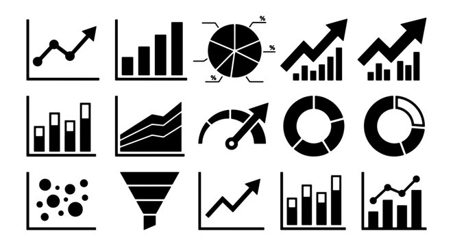 Business data visualization icons set, financial growth charts and analytics graphs, black vector infographic elements for dashboard reporting
