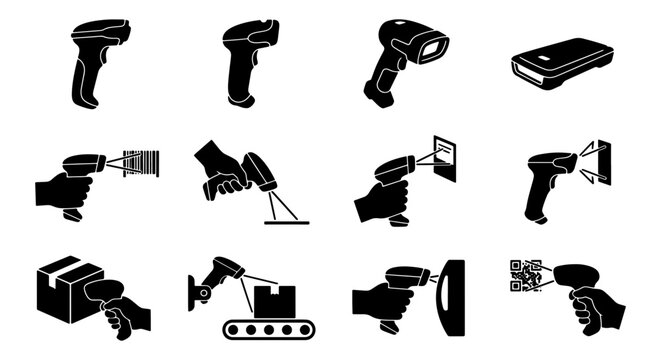 Barcode scanner icon set, 12 black vector silhouettes of handheld laser readers, retail and warehouse inventory scanning equipment