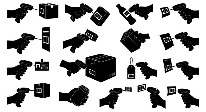 Barcode scanner icon set, hand holding laser scanning device for retail and logistics, black silhouette vector collection of 16 warehouse icons